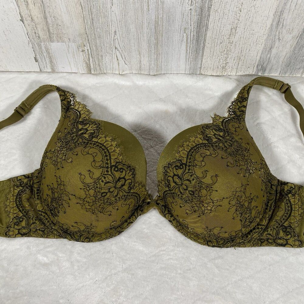 Cacique Women's 40DDD Bra Green Black Lace Underwire Boost Plunge Dark Romantic